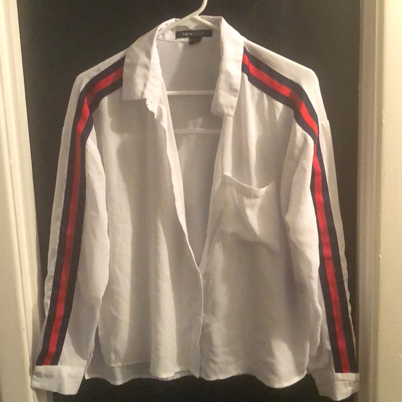 White Blouse with Red&Blue strips on sleeves - Picture 1 of 1